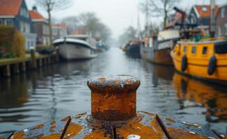 Foggy canal with autumn boats. Rusty post in focus with boats on either side of a misty canal, surrounded by quaint houses in autumn. photo