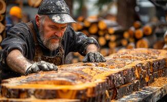 Woodworker carves logs in forest. A skilled worker shapes large logs in a sunny forest workshop, surrounded by sawdust and tranquility. photo