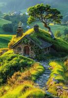 Charming stone cottage nestled in nature. A quaint cottage with a grassy roof surrounded by lush greenery and a winding stone path in a serene landscape. photo