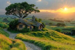 Sunset over a tranquil hobbit house. A serene hobbit house rests in a lush green landscape during sunset, surrounded by hills and a majestic tree. photo