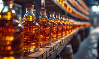 Whiskey bottles on shelves. Rows of amber whiskey bottles are neatly arranged on wooden shelves in a distillery setting, highlighting craftsmanship. photo