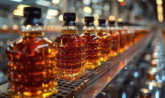 Rows of amber bottles in production line. Bottles of amber liquid are arranged on a conveyor belt in a bustling factory during a busy production shift. photo