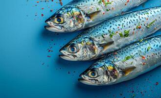 Fresh mackerel prepared with spices. Three mackerel fish arranged on a blue surface, garnished with spices and herbs, ready for cooking or serving. photo