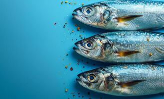 Fresh fish arranged on blue surface. Three shiny fish lie on a vibrant blue surface, surrounded by colorful spices and herbs, ready for preparation. photo