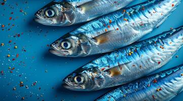 Mackerel on blue surface. Mackerel lined up on a blue surface, surrounded by vibrant spices, showcasing their freshness. photo