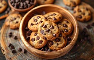 Bowl of warm chocolate chip cookies. A wooden bowl holds an assortment of warm chocolate chip cookies, surrounded by chocolate chips and a rustic setting. photo