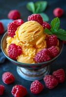Mango ice cream with raspberries. A bowl of creamy mango ice cream is garnished with ripe raspberries and fresh mint leaves, creating a vibrant dessert. photo