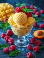 Mango raspberry ice cream treat. A vibrant bowl of mango ice cream topped with fresh raspberries and mint leaves, set against a colorful backdrop. photo