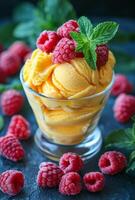 Mango ice cream with raspberries. A vibrant dessert features creamy mango ice cream adorned with fresh raspberries and mint leaves in a clear glass. photo