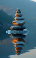 Serene reflection with stones. A tower of balanced stones stands on a water surface, reflecting the soft light of the early morning in nature. photo