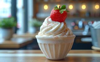 Soft serve with fresh strawberries. A creamy soft serve ice cream topped with a fresh strawberry sits in a stylish cup on a wooden table. photo