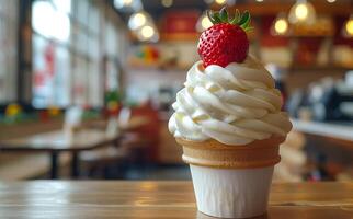 Soft serve with fresh strawberries. A delicious soft serve ice cream cone is displayed on a wooden table in a bright and inviting cafe setting. photo