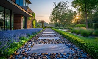 Serenity in a tranquil garden at sunset. Beautiful garden pathway lined with stones and flowers, illuminated by the warm glow of a setting sun. photo