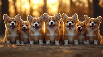 Corgis enjoying a sunny day in nature. Nine happy corgi puppies gather in a line, basking in the warm glow of a sunset, surrounded by nature. photo