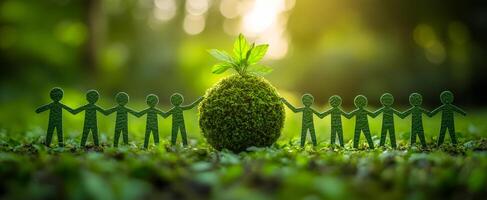 Community unites to protect the planet. People made of paper hold hands around a moss-covered globe, symbolizing unity and environmental protection in nature. photo