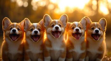 Corgi puppies enjoying a sunny afternoon. Five happy corgi puppies sit in a row, basking in warm sunlight during a sunny afternoon. photo