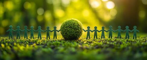 Unity boosts eco-awareness. Small figures join hands around a green moss ball, symbolizing unity in protecting the environment. photo