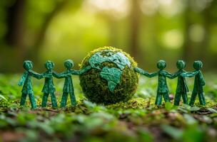 Green figures with globe. Colorful paper figures hold hands around a green planet, symbolizing unity and environmental conservation. photo
