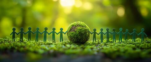 Green figures unite for nature. Small green figures stand hand in hand around a moss-covered globe, symbolizing unity in nature conservation efforts. photo