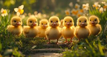 Cute ducklings gather in vibrant garden. A group of seven fluffy yellow ducklings stands in a sunlit garden filled with blooming flowers and greenery. photo