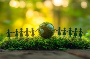 People unite for environmental awareness. Figures hold hands around a moss-covered globe, symbolizing unity in the fight for environmental sustainability. photo