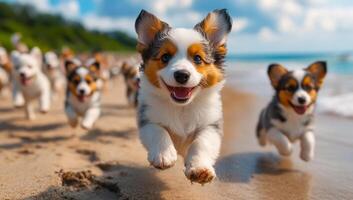 Corgis frolic joyfully on sandy beach. A group of playful corgis runs excitedly along the shoreline, enjoying a sunny day by the ocean. photo