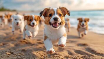 Puppies joyfully running on sandy beach. A group of playful puppies run excitedly along the shoreline during a sunny afternoon near the ocean. photo