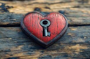 Heart key holder on rustic table. A heart-shaped wooden decoration with a key is positioned on a weathered wooden surface, creating a charming visual. photo