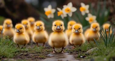 Yellow ducklings walking among flowers. Yellow ducklings stroll a path lined with blooming daffodils, adding to the cheerful spring vibe. photo