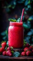 Fresh strawberry smoothie in mason jar. A vibrant strawberry smoothie sits in a mason jar adorned with mint leaves, surrounded by fresh strawberries. photo
