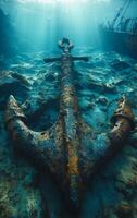 Hidden anchor resting on the ocean floor. An old, rusted anchor lies on the seabed, surrounded by rocks and illuminated by beams of sunlight from above. photo