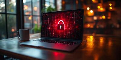 Cybersecurity in the workplace. A laptop displays a red lock symbol on the screen, emphasizing cyber security in a cozy workspace with soft lighting. photo