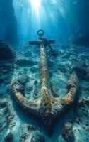 Sunlight shining on a submerged anchor. An old, rusted anchor rests on the ocean floor, illuminated by beams of sunlight filtering through the water. photo