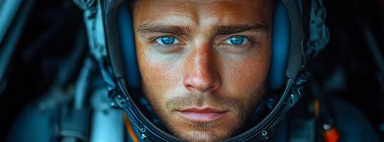 Close-up of a pilot preparing for flight. A pilot in a helmet is focused and ready for takeoff, showcasing intense blue eyes and determination. photo