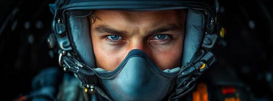Pilot prepares for flight mission. Close-up of a determined pilot in a helmet, focused and ready for takeoff on the mission ahead. photo