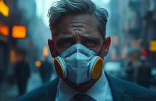 Masked man strolls in foggy city. A man in a gas mask walks through a foggy urban area at twilight, enhancing the atmosphere. photo