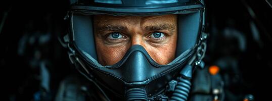 Pilot prepares for mission in cockpit. A focused pilot in a helmet and goggles awaits instructions inside the cockpit, emphasizing determination and readiness. photo