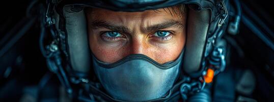 Pilot set for takeoff. A determined pilot prepares for flight, showcasing intense blue eyes and wearing a protective helmet and mask. photo