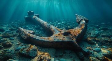 Old anchor resting on the ocean floor. A large, rusted anchor lies on the seabed surrounded by scattered rocks and soft sand, illuminated by rays of sunlight. photo