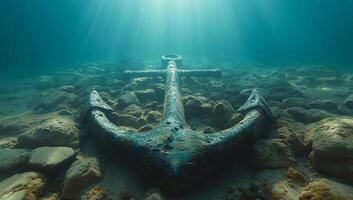 Mysterious anchor resting on ocean floor. An old anchor lies among rocks on the ocean floor, sunlight filtering through water above, creating a serene atmosphere. photo