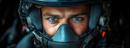 Pilot readies for fast flight. A skilled fighter pilot focuses intensely before takeoff in a military aircraft during daylight hours. photo