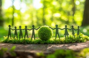 Community gathers for the planet. People stand together holding hands, emphasizing unity in nature conservation amidst a lush green background. photo