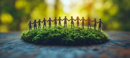 Community unity on a mossy landscape. Silhouettes of people join hands over a lush green moss, symbolizing togetherness and community spirit in nature. photo