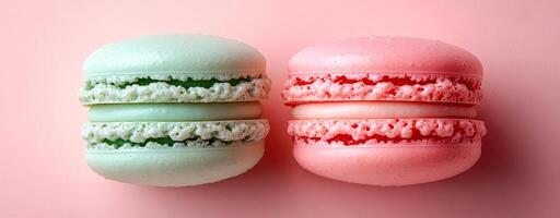 Pastel macarons on pink backdrop. Two colorful macarons, green and pink, rest on a soft pink background, highlighting their delicate texture. photo