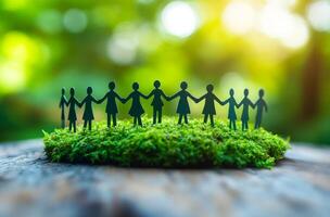 Figures on moss holding hands. Paper cutouts of people stand hand in hand on a bed of lush green moss, symbolizing unity and community connection. photo