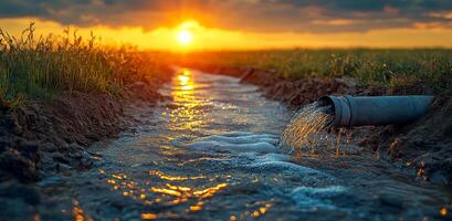 Water flows from pipe at sunset in field. Water streams out of a pipe into a field during a vibrant sunset, casting warm colors across the landscape. photo