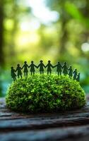 Silhouettes of unity on a mossy base. Colorful silhouettes of people holding hands are set atop vibrant green moss in a forest setting during daylight. photo