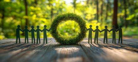 Hands joined in a green circle. Small figures stand in a circle holding hands, surrounded by vibrant green trees and soft sunlight filtering through. photo