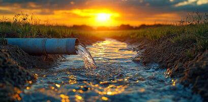 Water flowing from pipe at sunset. Water streams from a pipe into an open field during a vibrant sunset, illuminating the sky with warm colors. photo