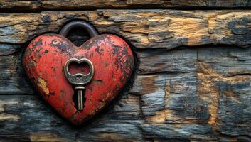 Vintage heart-shaped padlock with key. A rustic heart-shaped padlock rests on weathered wood, symbolizing love and commitment with an old key nearby. photo